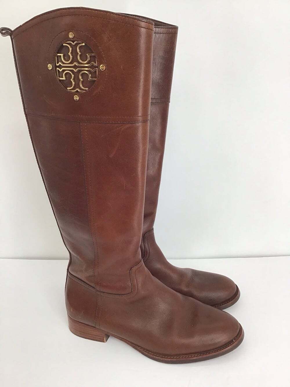 Tory Burch Kiernan Leather Gold Logo Tall Riding Boots Almond Brown Size 8M
